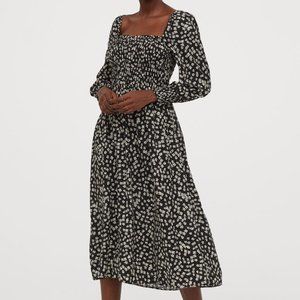 H&M Puff Sleeve Smock-Detail Floral Dress Midi NWT